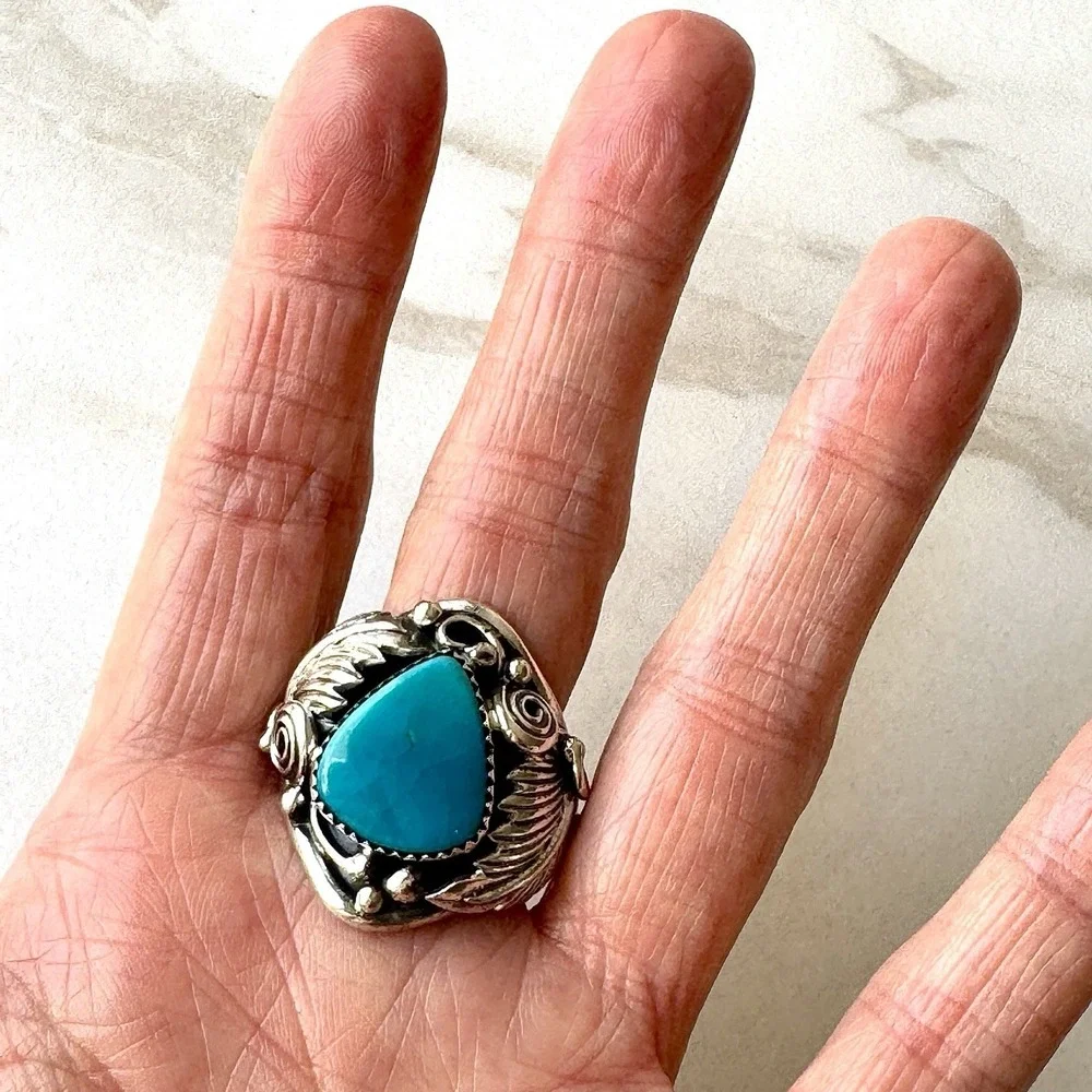 Navajo Turquoise Mens Ring Sz 14 Leaf Feather Signed Morgan Sterling Native Amer
